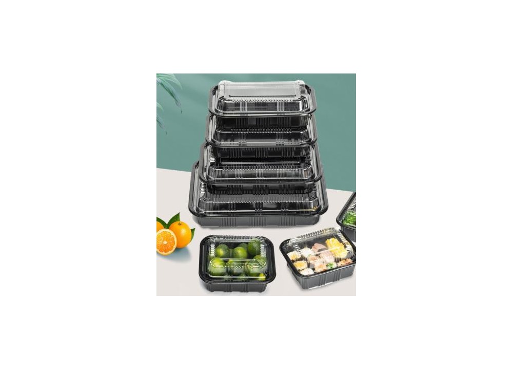 Stacked black plastic takeout boxes with clear lids