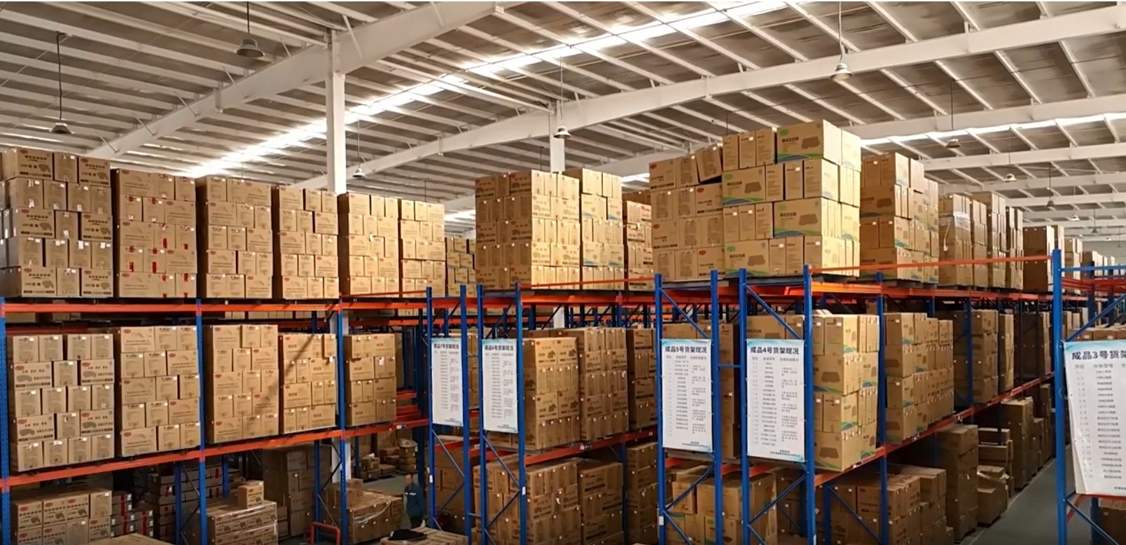 Packed export cartons stored on warehouse racks