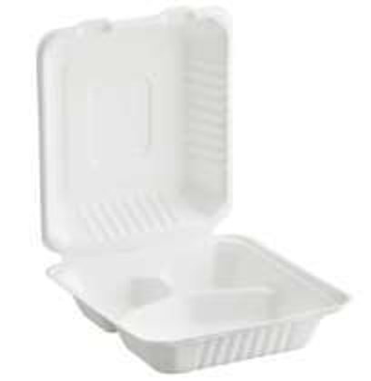 PCT083 Compostable Hinged Container 8x8" 3-Com Bagasse PFAS Free